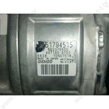 40440170  DCP09020   DENSO ΚΟΜΠΡΕΣΕΡ A/C ALFA ROMEO   FIAT PUNTO EVO, GRANDE PUNTO   FIAT Bravo 1.4 Tjet  OE: 71724083 / 51794515 - DCP09020 DENSO: 447190 9700 DEPLH of: TSP0155951  5D337-5500  A / C Denso 5SL12C; 110 mm; PV5; 12V; V45 °; ND8; Fiat Punto; - 